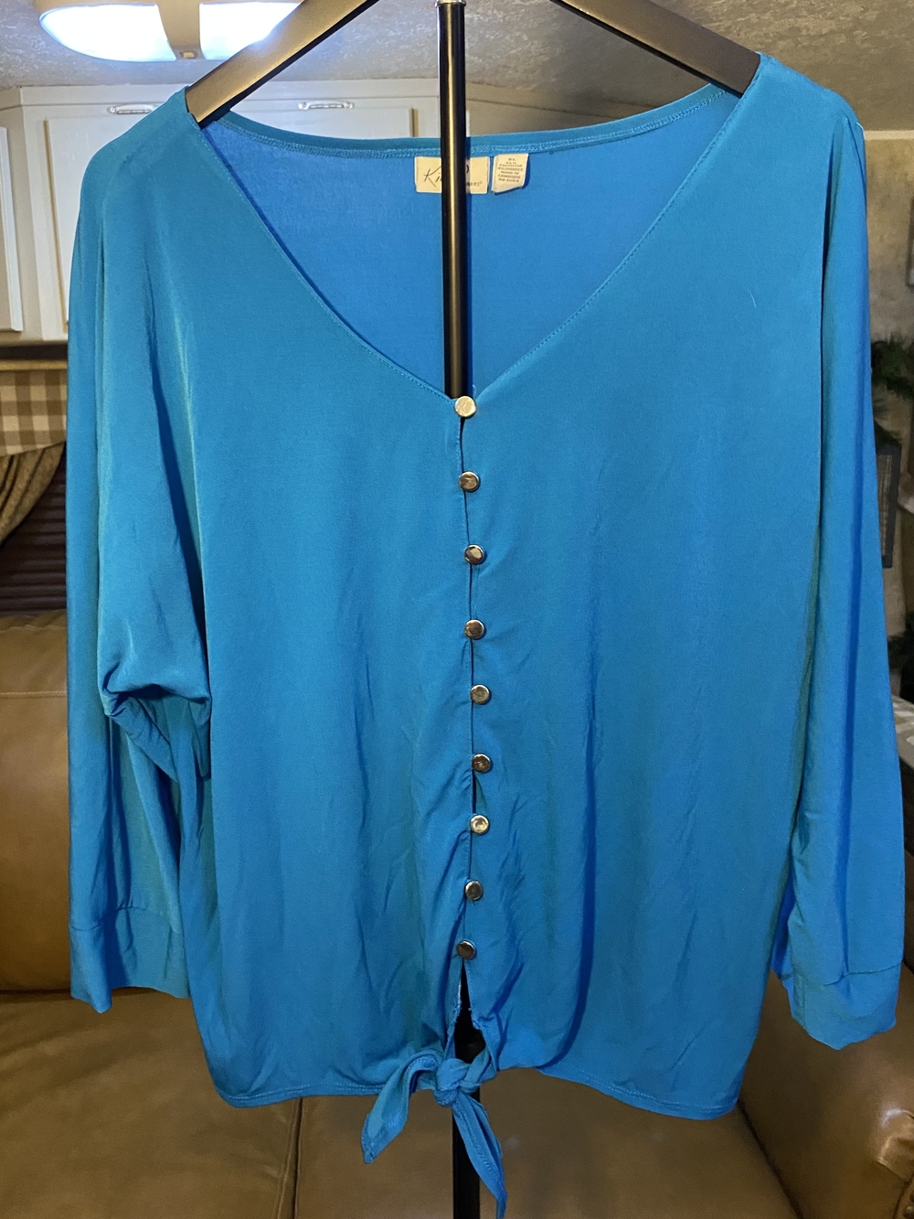 Teal Blue Button-Front Tie Hem Blouse